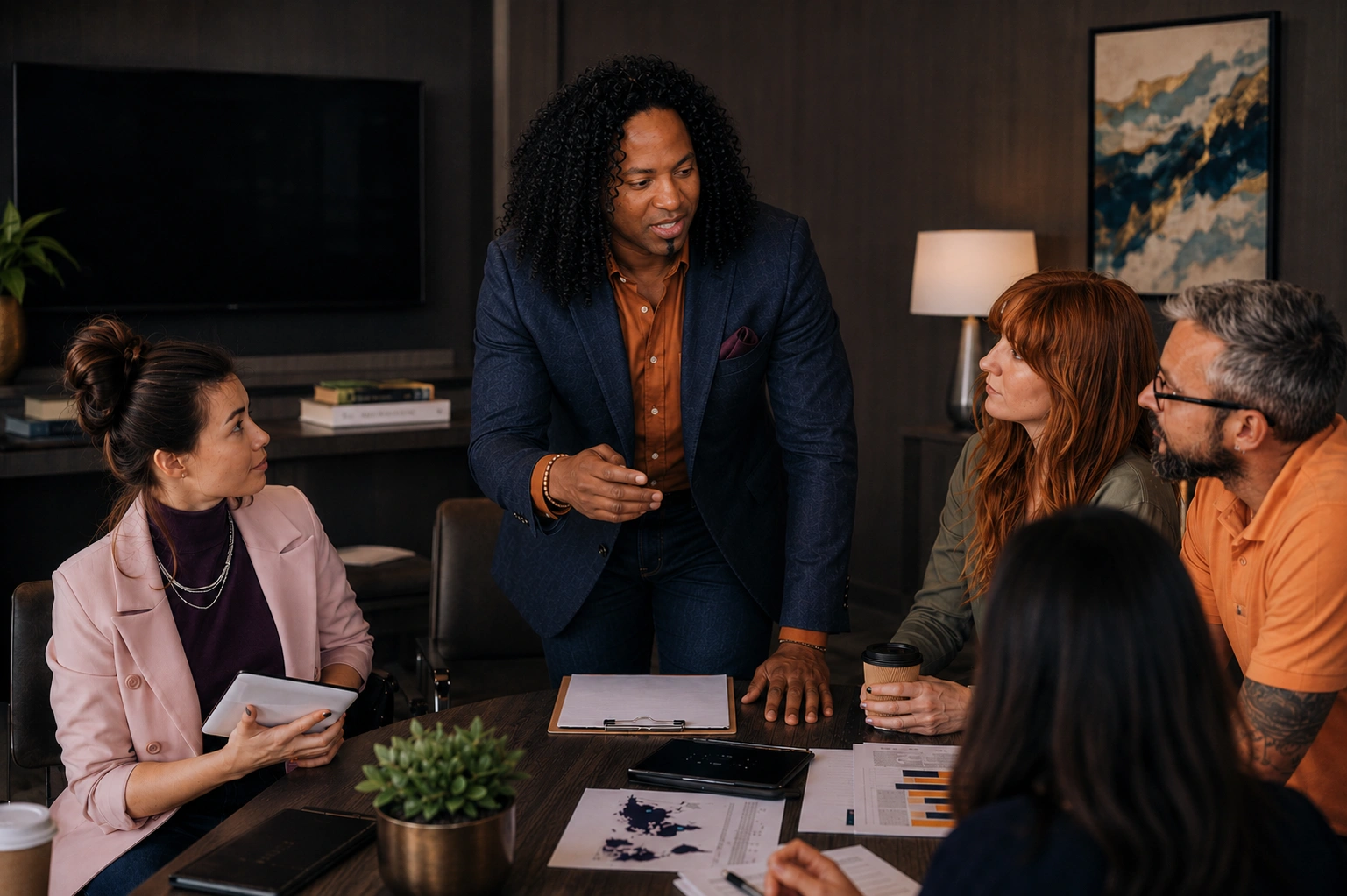 Office discussion around conference table