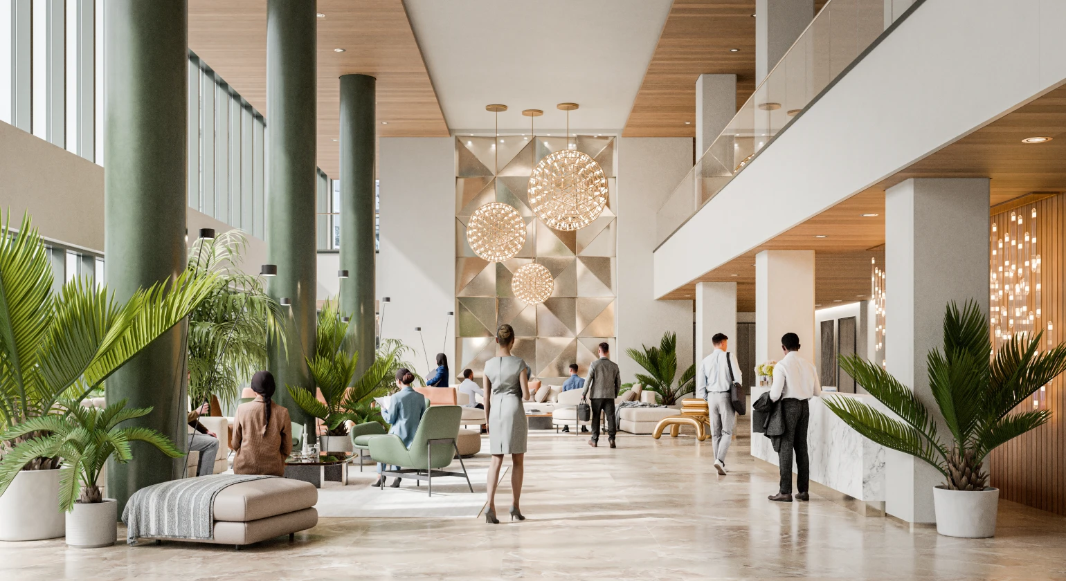 Spacious hotel lobby with elegant decor